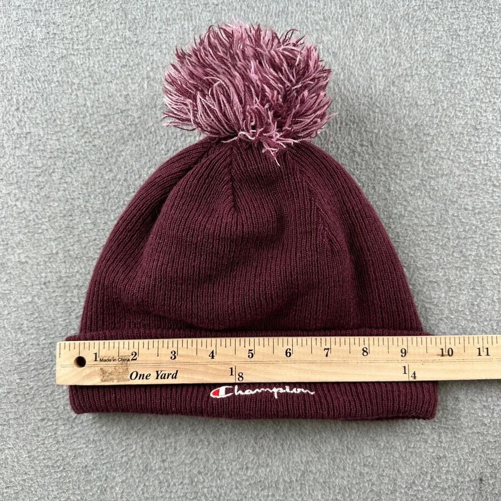 Champion Beanie Unisex OSFA Maroon Pom Pom Knit Sherpa Lined Winter Hat C Logo